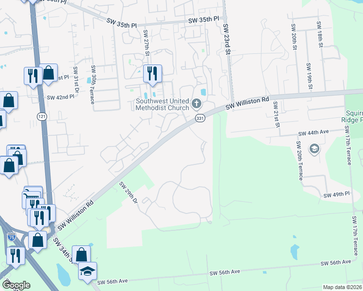 map of restaurants, bars, coffee shops, grocery stores, and more near 2521 Southwest Williston Road in Gainesville