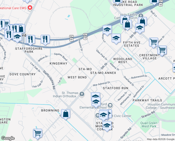 map of restaurants, bars, coffee shops, grocery stores, and more near 411 West Street in Stafford