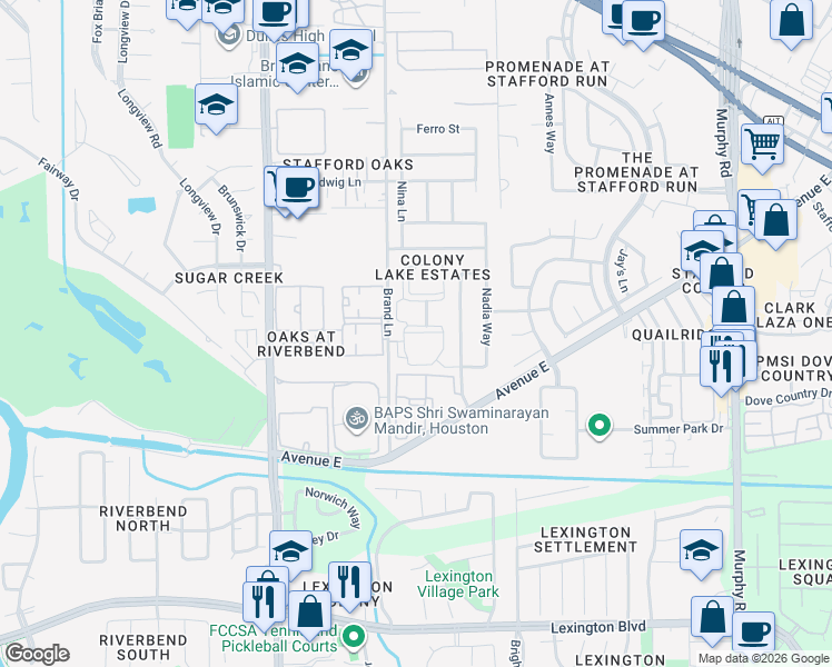 map of restaurants, bars, coffee shops, grocery stores, and more near 1000 Farrah Lane in Stafford