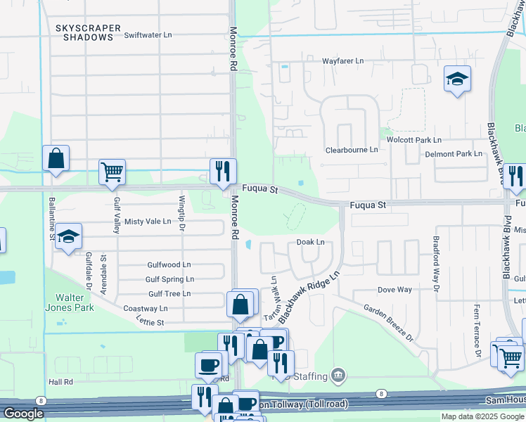 map of restaurants, bars, coffee shops, grocery stores, and more near 8603 Heathglen Lane in Houston