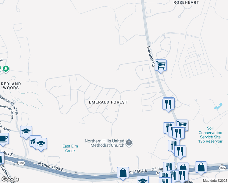 map of restaurants, bars, coffee shops, grocery stores, and more near 18218 Indian Bow in San Antonio