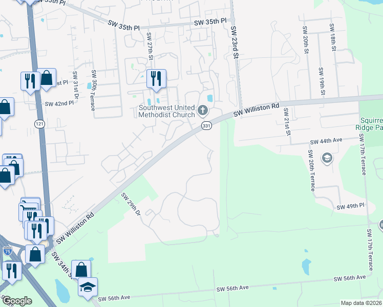 map of restaurants, bars, coffee shops, grocery stores, and more near 2521 Southwest Williston Road in Gainesville
