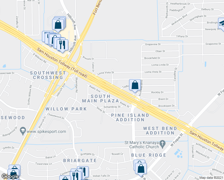 map of restaurants, bars, coffee shops, grocery stores, and more near 15885 Sam Houston Tollway in Houston