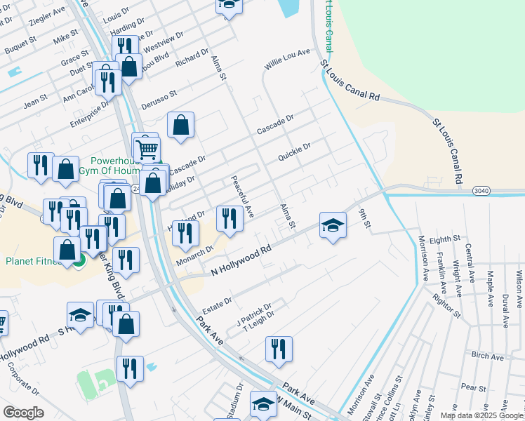 map of restaurants, bars, coffee shops, grocery stores, and more near 273 Monarch Drive in Houma