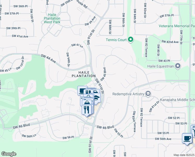 map of restaurants, bars, coffee shops, grocery stores, and more near 5 Souithwest 47th Place in Gainesville
