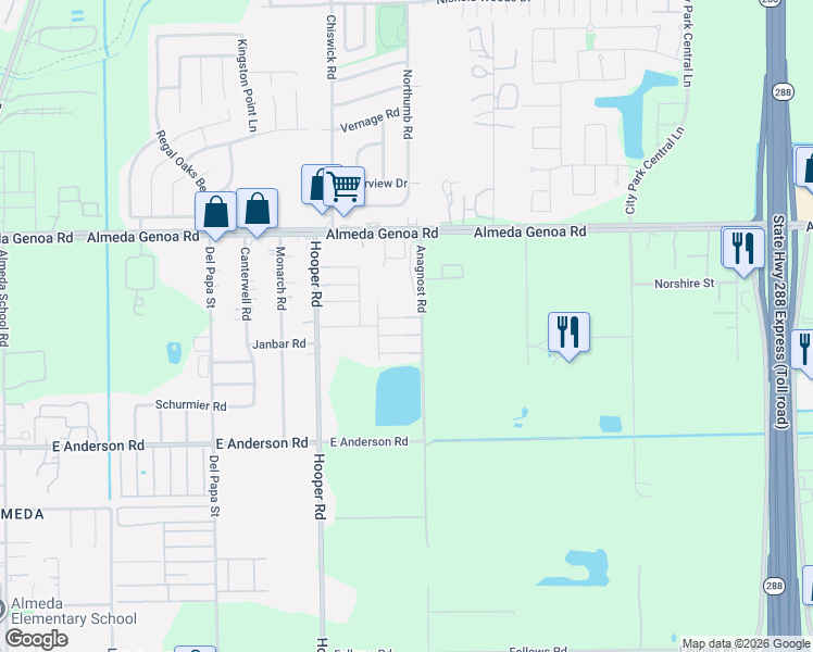 map of restaurants, bars, coffee shops, grocery stores, and more near 13595-13627 Anagnost Road in Houston