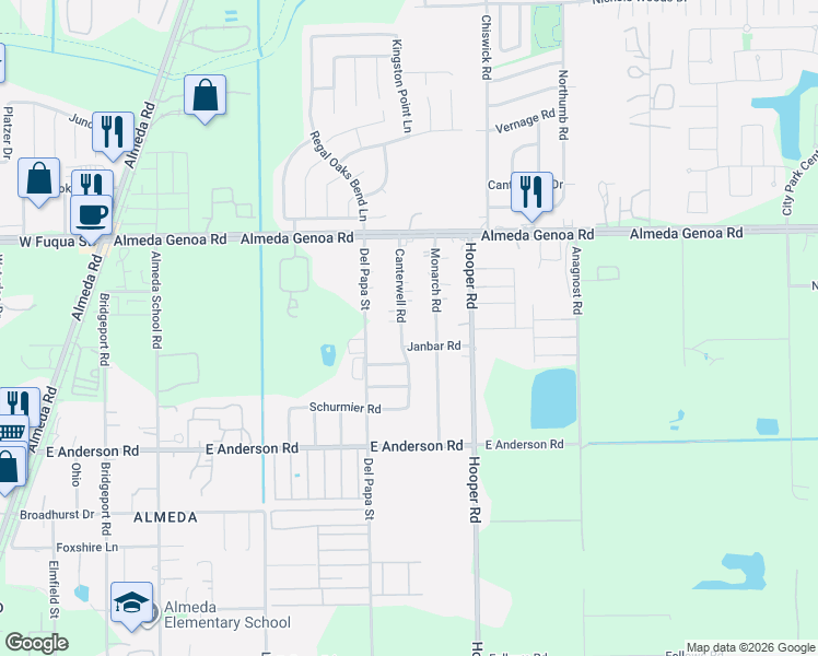 map of restaurants, bars, coffee shops, grocery stores, and more near 907 Janbar Road in Houston