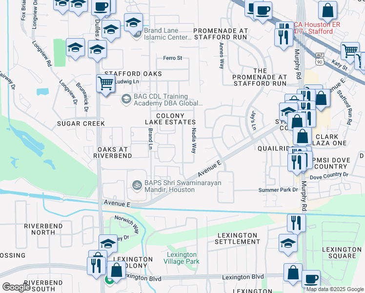 map of restaurants, bars, coffee shops, grocery stores, and more near 542 Colony Lake Estates Drive in Stafford