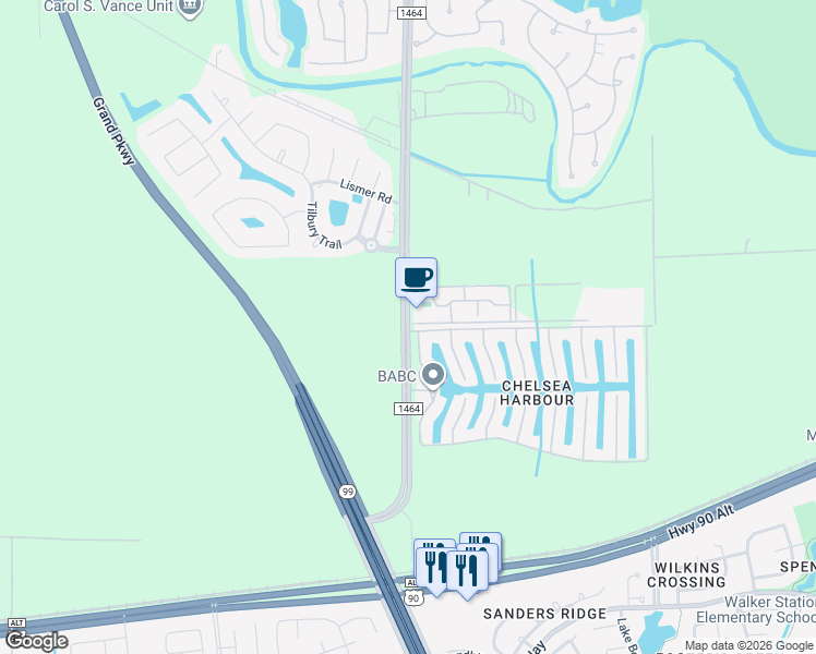 map of restaurants, bars, coffee shops, grocery stores, and more near 14205 Marina Bay Lane in Sugar Land