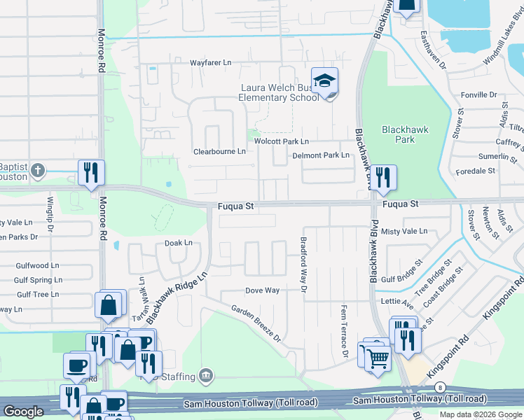 map of restaurants, bars, coffee shops, grocery stores, and more near 9207 Fuqua Breeze Drive in Houston