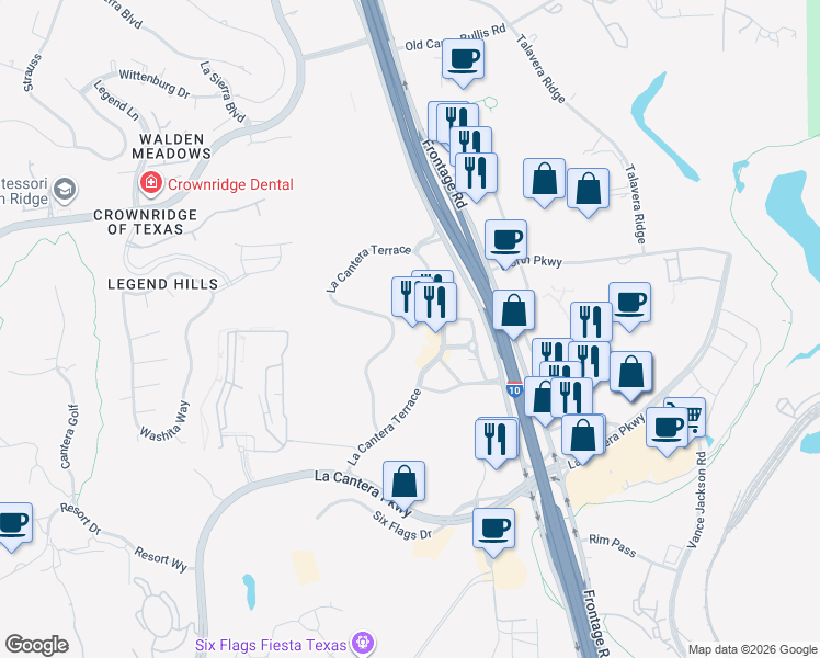 map of restaurants, bars, coffee shops, grocery stores, and more near 17103 La Cantera Parkway in San Antonio
