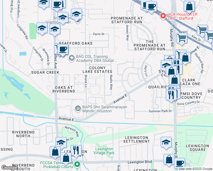 map of restaurants, bars, coffee shops, grocery stores, and more near 542 Colony Lake Estates Drive in Stafford