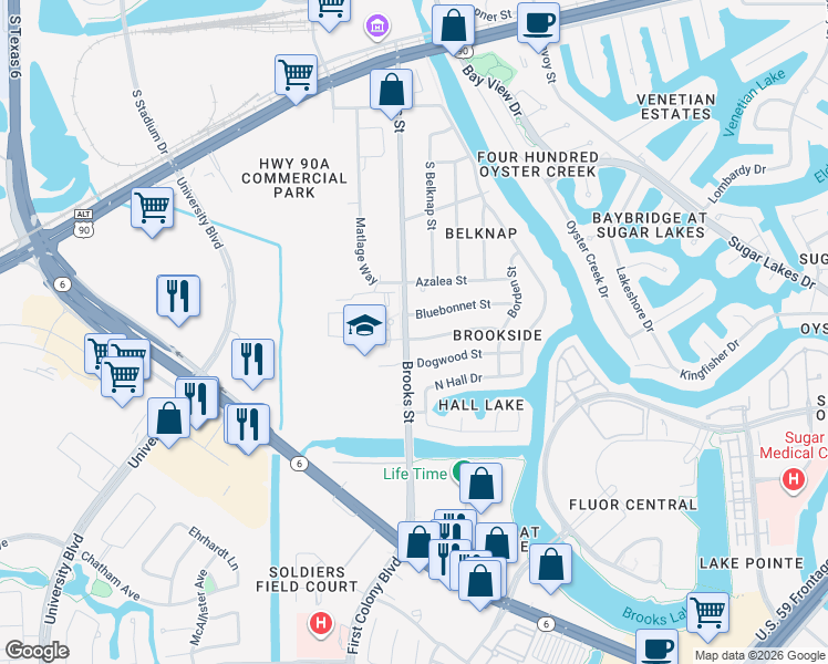 map of restaurants, bars, coffee shops, grocery stores, and more near 156 Dogwood Street in Sugar Land