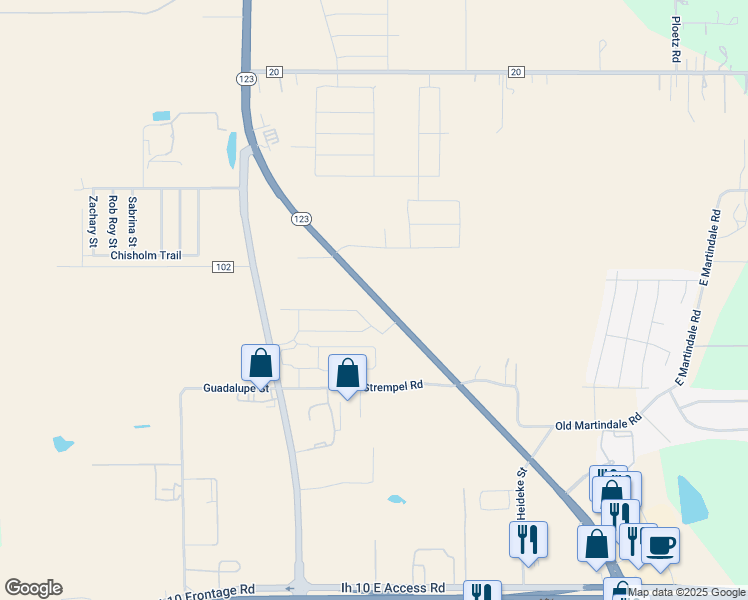 map of restaurants, bars, coffee shops, grocery stores, and more near 3239 Texas 123 in Seguin