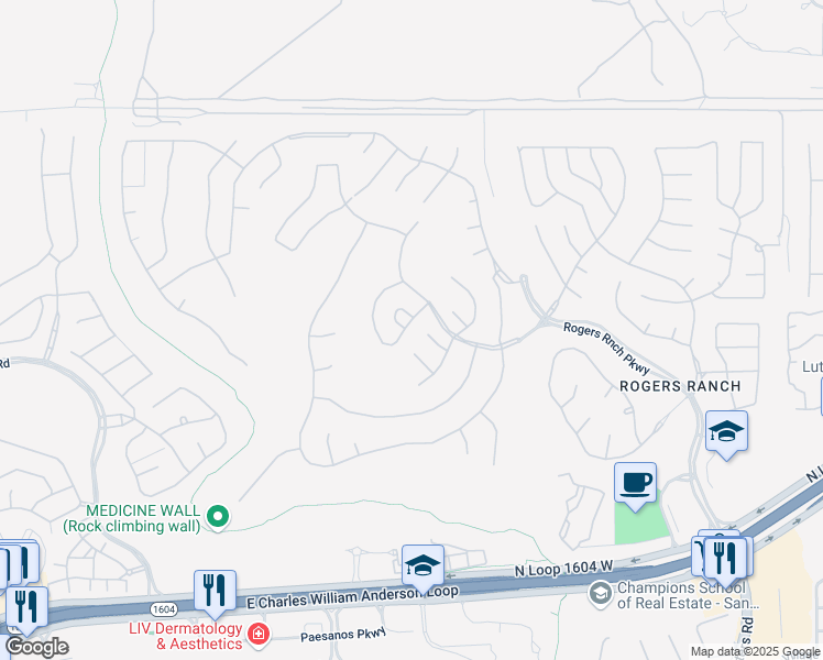 map of restaurants, bars, coffee shops, grocery stores, and more near 18114 Veranda Lane in San Antonio