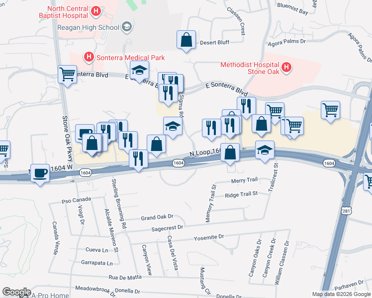 map of restaurants, bars, coffee shops, grocery stores, and more near 18503 Sigma Road in San Antonio