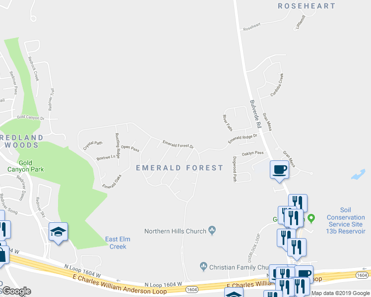 map of restaurants, bars, coffee shops, grocery stores, and more near 18222 Newcliff in San Antonio