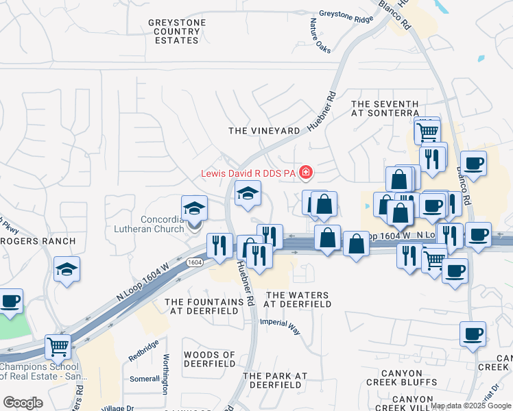 map of restaurants, bars, coffee shops, grocery stores, and more near 16818 Huebner Road in San Antonio