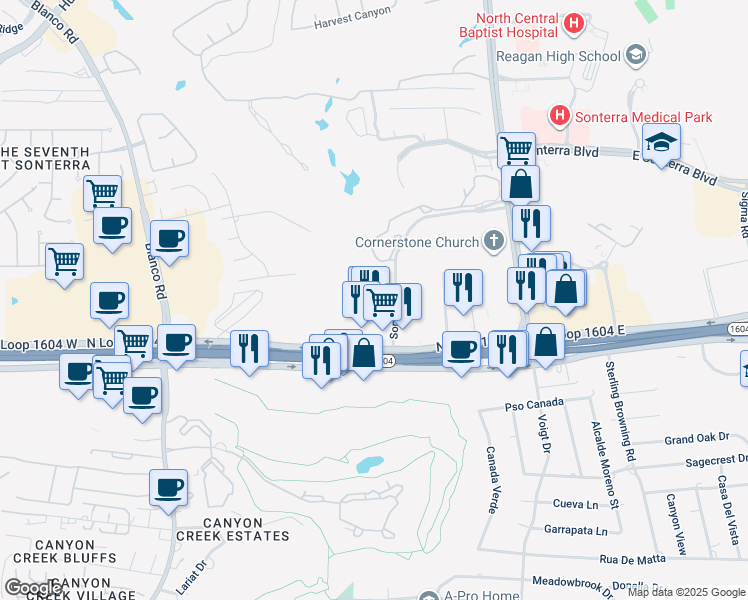 map of restaurants, bars, coffee shops, grocery stores, and more near 18323 Sonterra Place in San Antonio