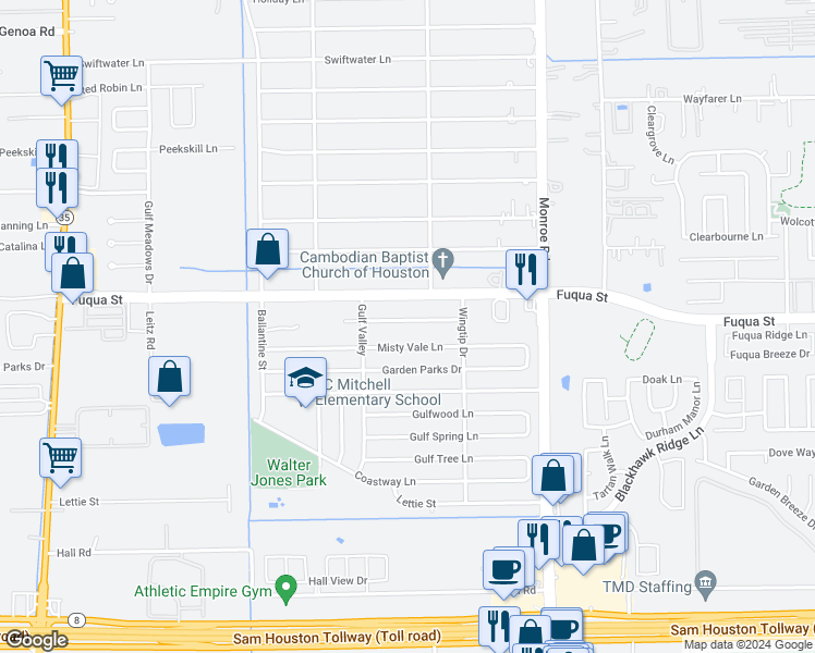 map of restaurants, bars, coffee shops, grocery stores, and more near 8262 Fuqua Gardens Drive in Houston