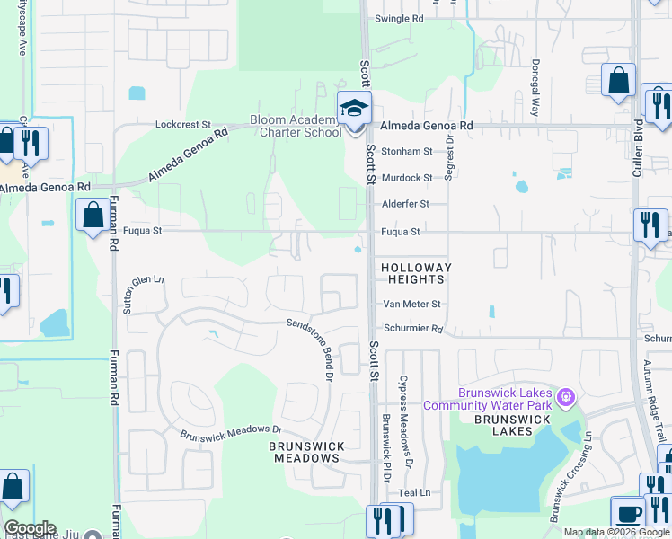 map of restaurants, bars, coffee shops, grocery stores, and more near 3307 Crestford Cliff Lane in Houston