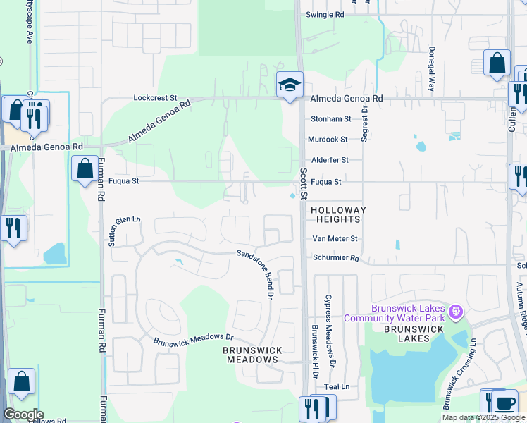 map of restaurants, bars, coffee shops, grocery stores, and more near 3307 Atherton Ridge Lane in Houston