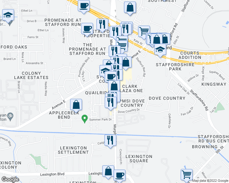 map of restaurants, bars, coffee shops, grocery stores, and more near Murphy Rd & Stafford Run in Stafford