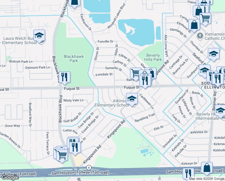map of restaurants, bars, coffee shops, grocery stores, and more near 10825 Newton Street in Houston