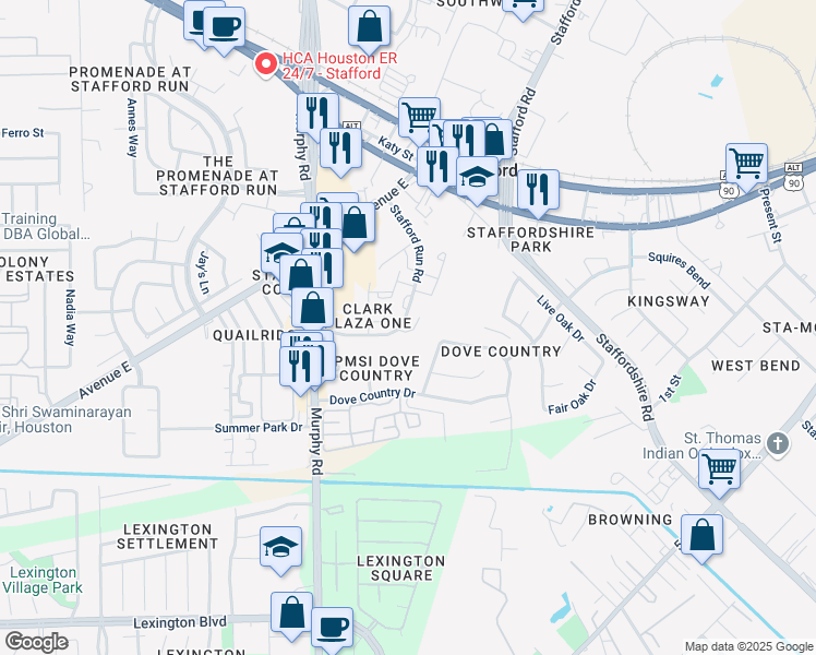 map of restaurants, bars, coffee shops, grocery stores, and more near 335 Oakdale Drive in Stafford
