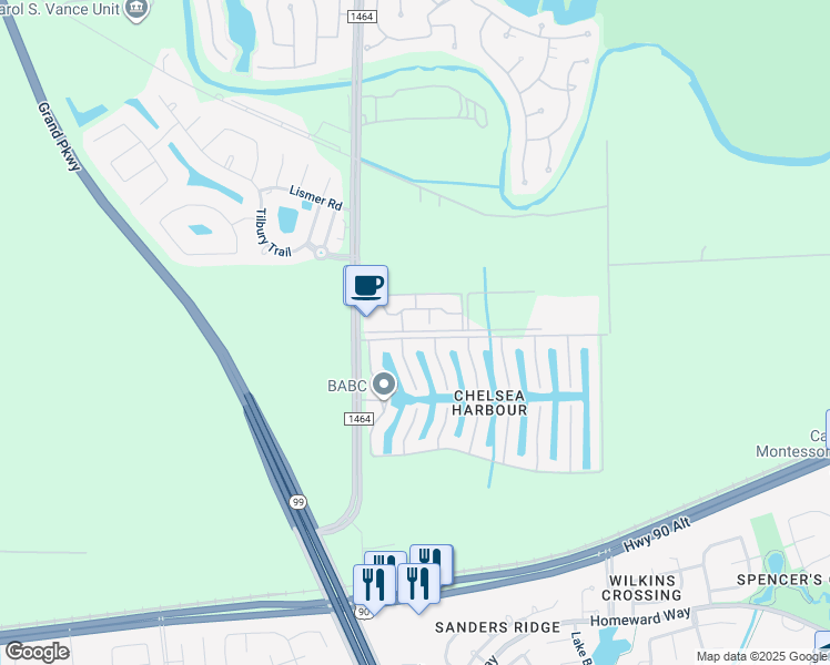 map of restaurants, bars, coffee shops, grocery stores, and more near 14214 Cairns Court in Sugar Land