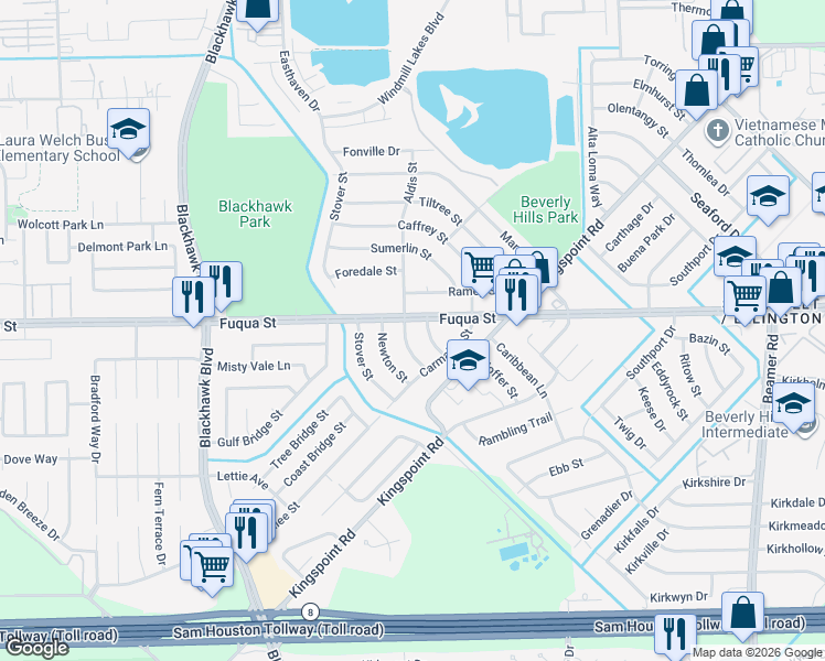 map of restaurants, bars, coffee shops, grocery stores, and more near 10825 Newton Street in Houston