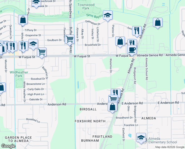 map of restaurants, bars, coffee shops, grocery stores, and more near 15003 Alrover Street in Houston