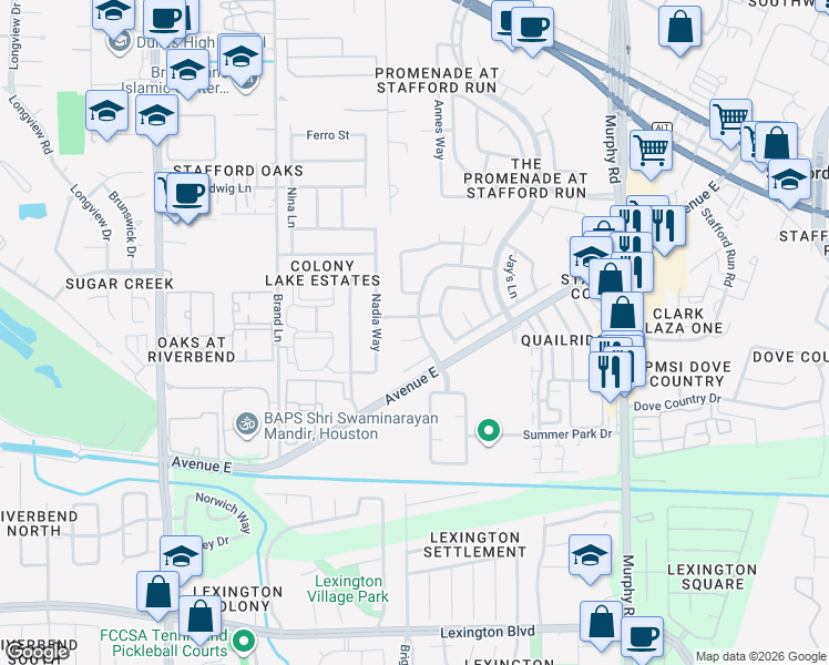 map of restaurants, bars, coffee shops, grocery stores, and more near 810 Gregory Court in Stafford
