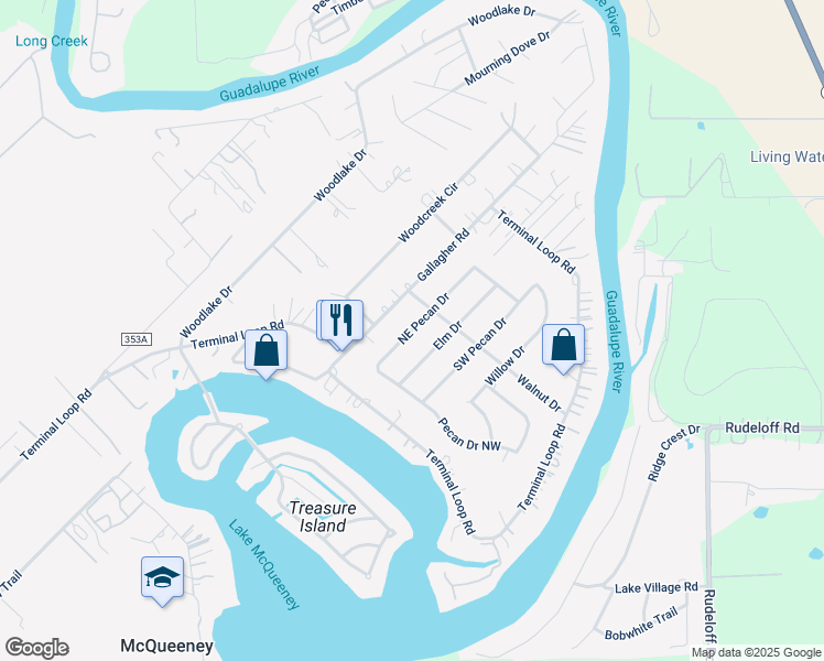 map of restaurants, bars, coffee shops, grocery stores, and more near 243 Pecan Drive Southeast in McQueeney