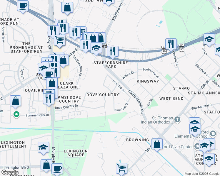 map of restaurants, bars, coffee shops, grocery stores, and more near 502 Fair Oak Drive in Stafford