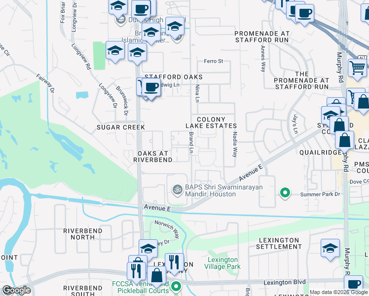 map of restaurants, bars, coffee shops, grocery stores, and more near 1020 Brand Lane in Stafford