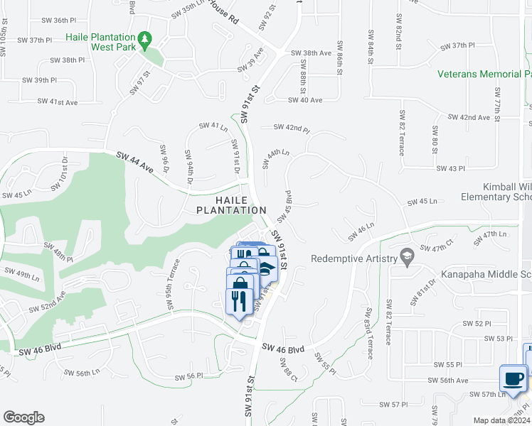 map of restaurants, bars, coffee shops, grocery stores, and more near 4715 Southwest 91st Drive in Gainesville