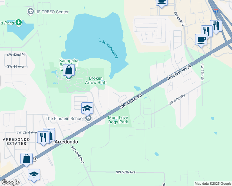 map of restaurants, bars, coffee shops, grocery stores, and more near 5500 Southwest Archer Road in Gainesville