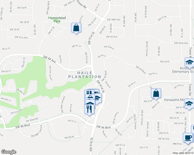 map of restaurants, bars, coffee shops, grocery stores, and more near 8976 Southwest 44 Lane in Gainesville