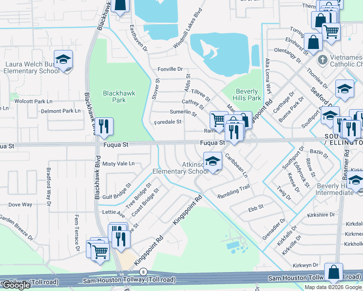 map of restaurants, bars, coffee shops, grocery stores, and more near 10802 Aldis Street in Houston
