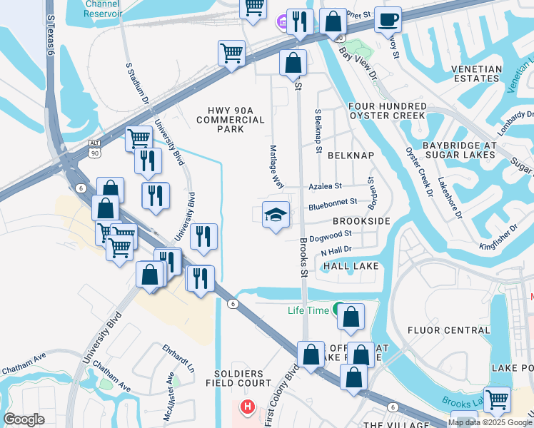 map of restaurants, bars, coffee shops, grocery stores, and more near 167-199 Azalea Street in Sugar Land