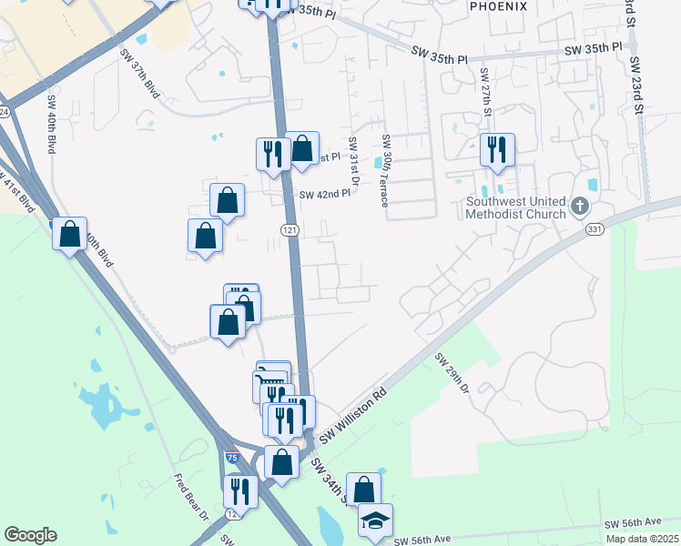 map of restaurants, bars, coffee shops, grocery stores, and more near 4455 Southwest 34th Street in Gainesville