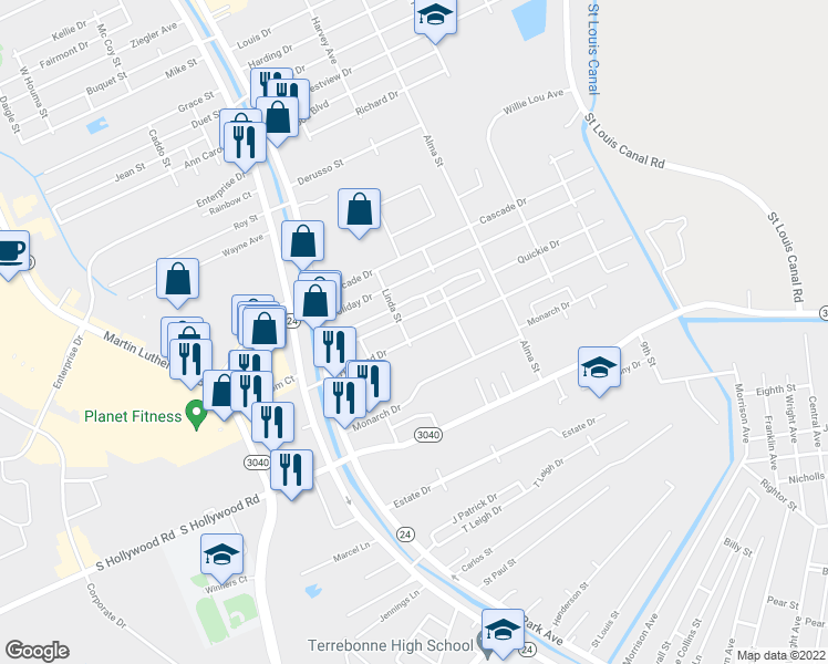 map of restaurants, bars, coffee shops, grocery stores, and more near 303 Highland Drive in Houma