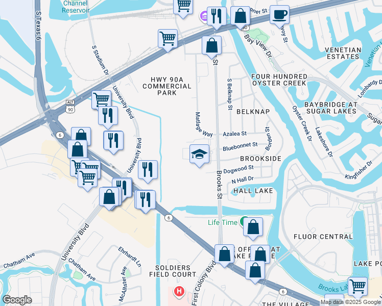 map of restaurants, bars, coffee shops, grocery stores, and more near 2 Brooks Street in Sugar Land