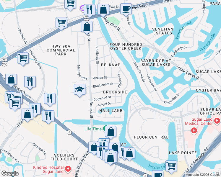 map of restaurants, bars, coffee shops, grocery stores, and more near 131 Bluebonnet Street in Sugar Land