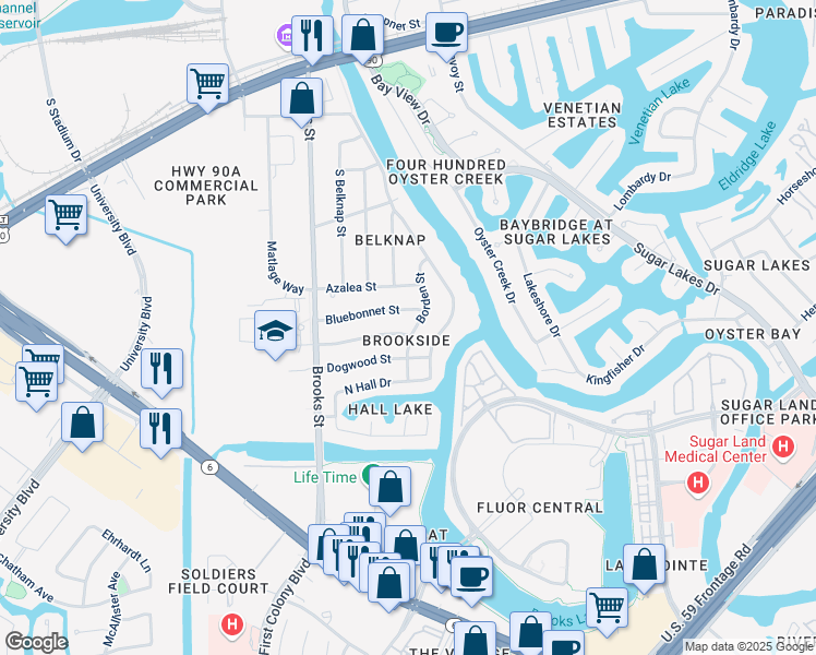 map of restaurants, bars, coffee shops, grocery stores, and more near 103 Bluebonnet Street in Sugar Land