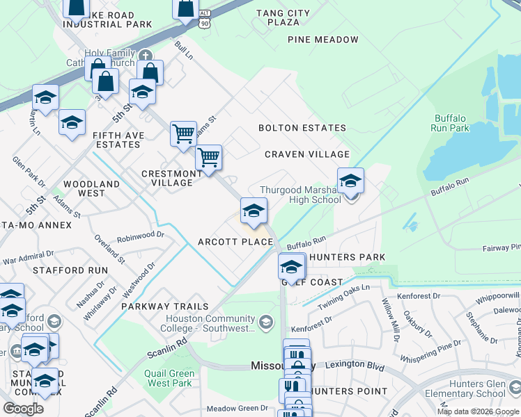 map of restaurants, bars, coffee shops, grocery stores, and more near 1022 Aster Road in Missouri City