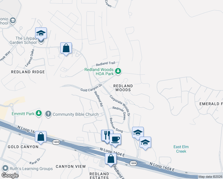 map of restaurants, bars, coffee shops, grocery stores, and more near 18614 Paloma Wood in San Antonio