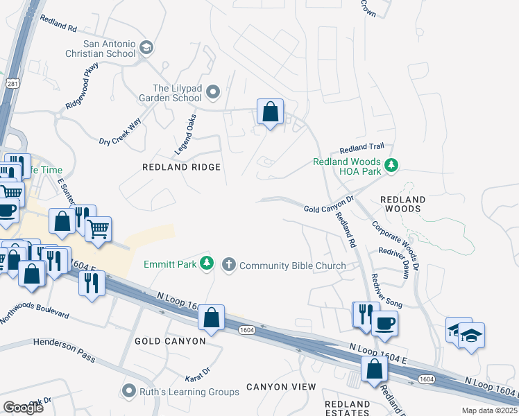 map of restaurants, bars, coffee shops, grocery stores, and more near 2424 Gold Canyon Drive in San Antonio