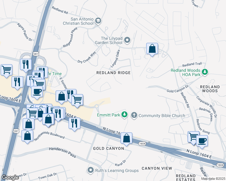map of restaurants, bars, coffee shops, grocery stores, and more near 2327 Tristan Run in San Antonio